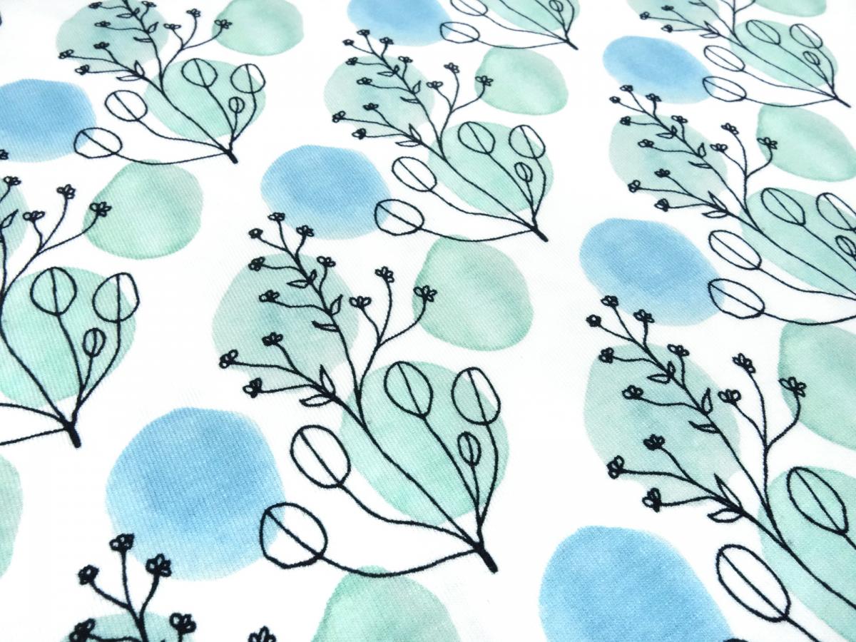Fabric cotton jersey with eucalyptus leaves dots design white mint blue black children's fabric dress fabric