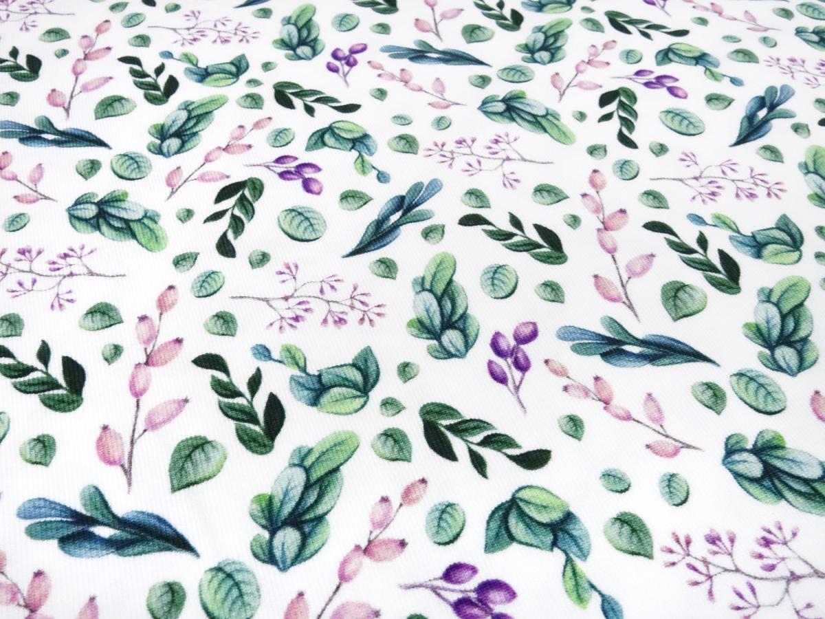 Stoff Baumwolle Jersey mit Eukalyptus Blätter Design weiß grün rosa lila bunt Kinderstoff Kleiderstoff