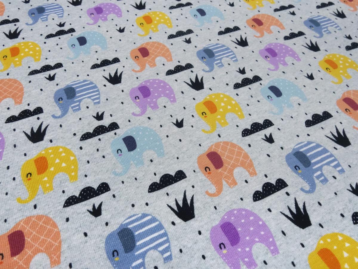Fabric cotton jersey elephant design gray melange orange curry blue gray colorful children's fabric dress fabric