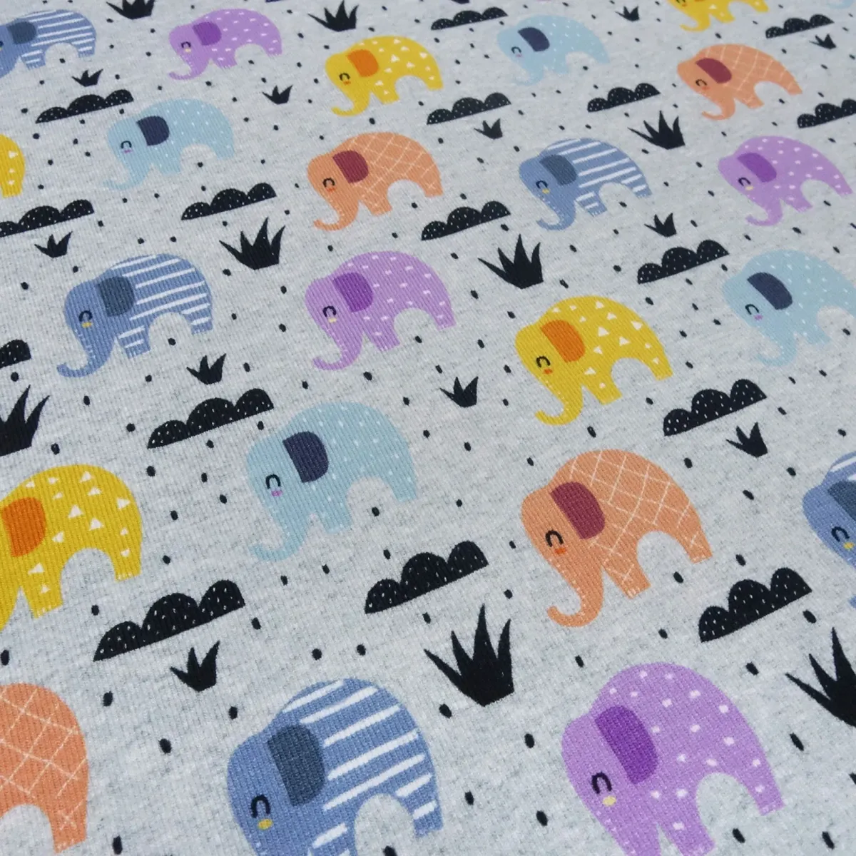 Stoff Baumwolle Jersey Elefanten Design grau melange orange curry blau grau bunt Kinderstoff Kleiderstoff