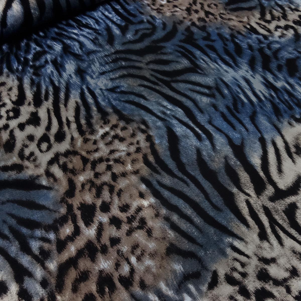 Fabric viscose jersey leo tiger animal faux fur design blue brown beige black dress fabric