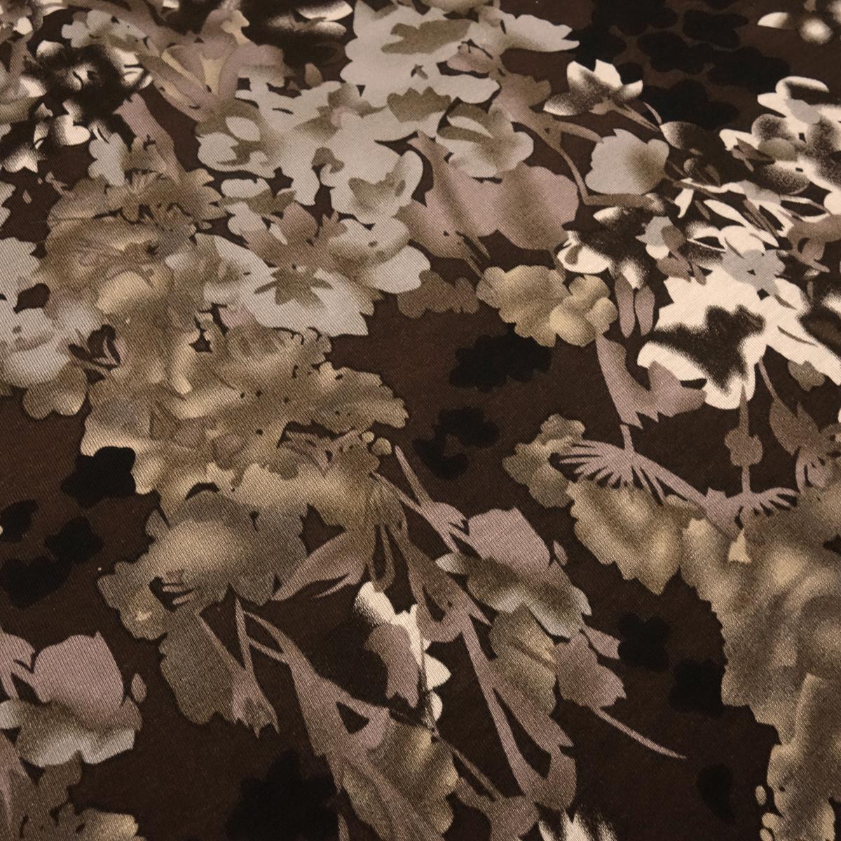 Fabric viscose jersey abstract flowers leaves design brown beige sand black dress fabric