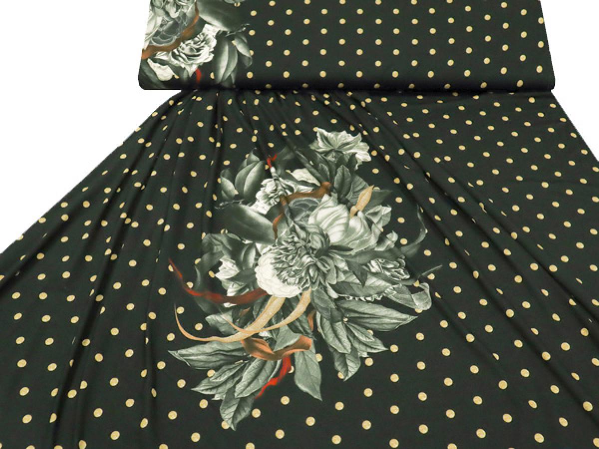 Stoff Viskose Jersey Stoffpanel 79 cm Punkte Blumen Design schwarz beige grau bunt Kleiderstoff