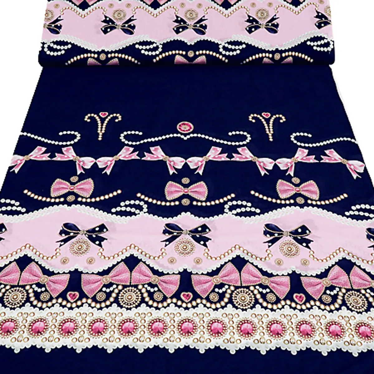 Stoff Baumwolle Voilé Stoffpanel Panel mit Perlen Schleifen Ornamente Rapportdruck von 79 cm Länge dunkelblau rosa bunt Blusenstoff Kleiderstoff