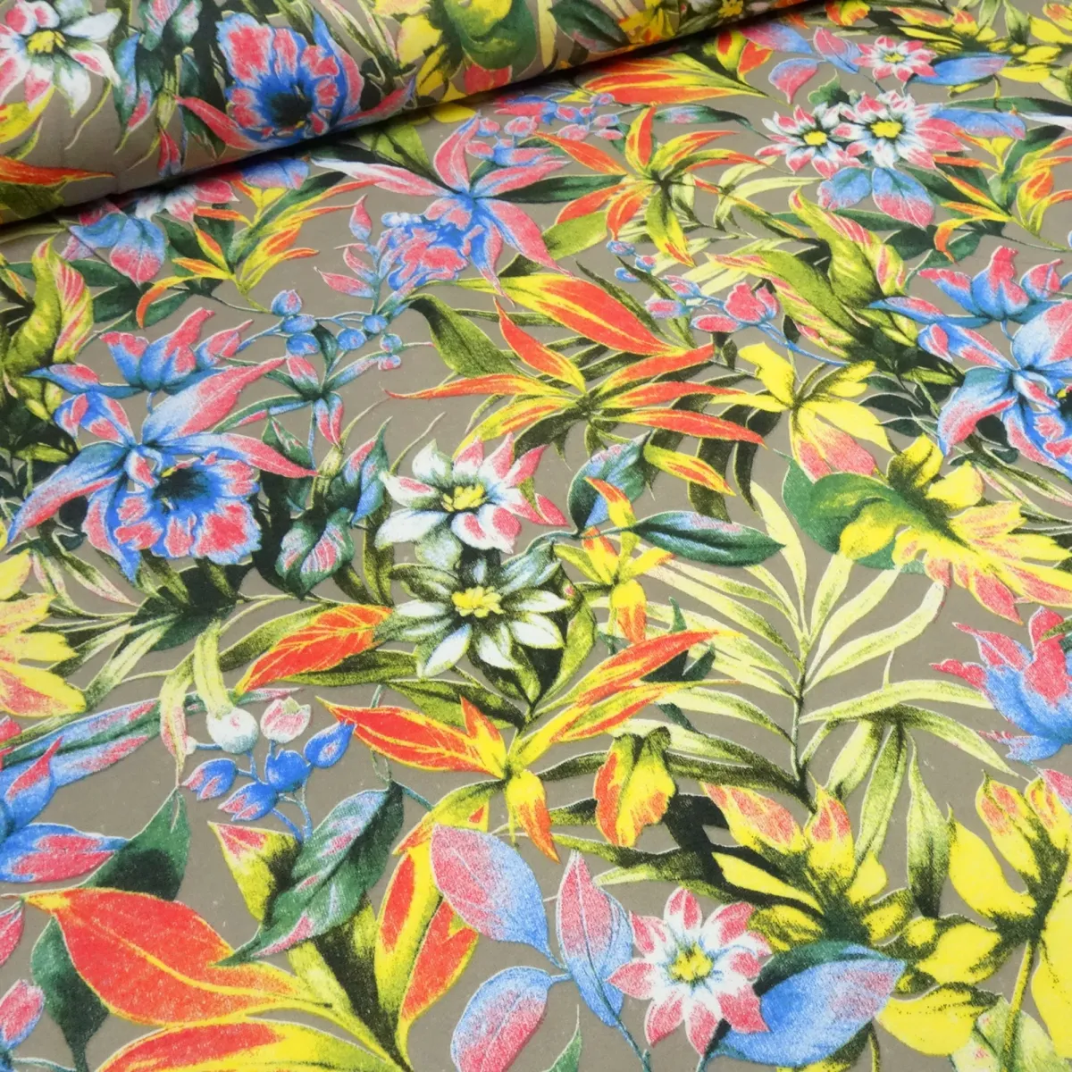 Stoff Sweatshirtstoff French Terry mit Blumen Design taupé gelb grün blau rot bunt Kleiderstoff