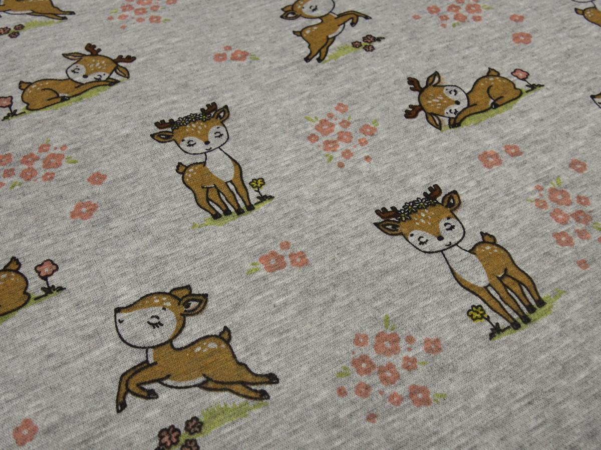 Fabric sweatshirt fabric with alpine fleece offside with deer fawn design gray melange brown colorful children's fabric clothing fabric hoodie fabric