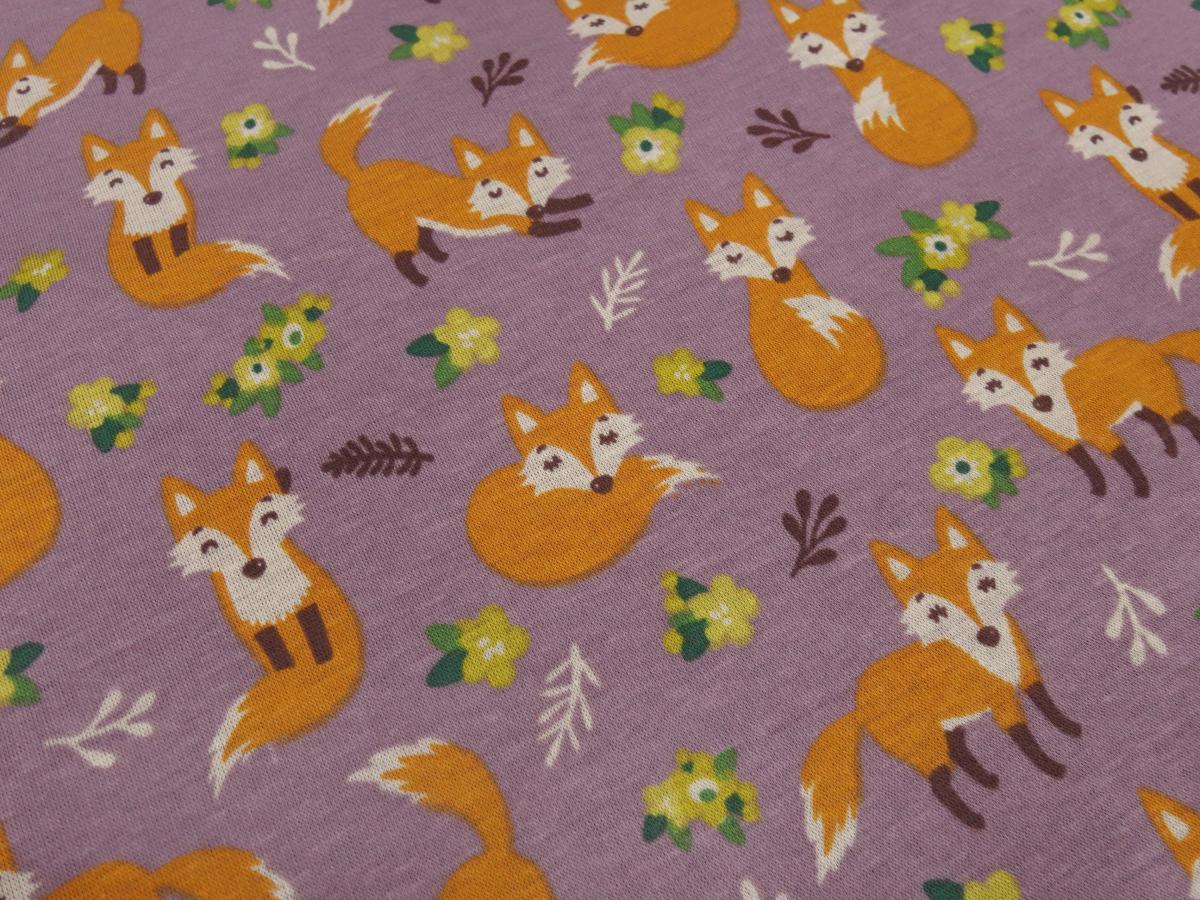 Fabric sweatshirt fabric with alpine fleece off side with foxes design lilac orange beige brown colorful children's fabric clothing fabric hoodie fabric
