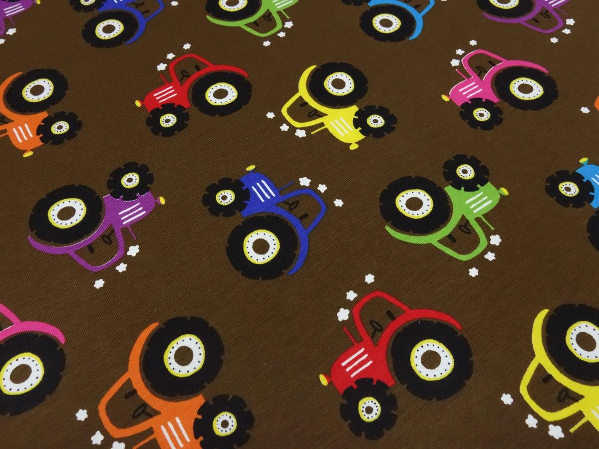 Fabric cotton jersey with tractor tractor design brown blue red green yellow black colorful children's fabric dress fabric