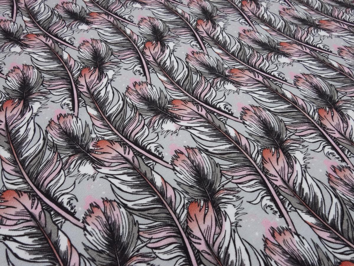 Stoff Baumwolle French Terry Sweatshirtstoff Federn Design grau rosa coralle weiß schwarz Kleiderstoff Kinderstoff