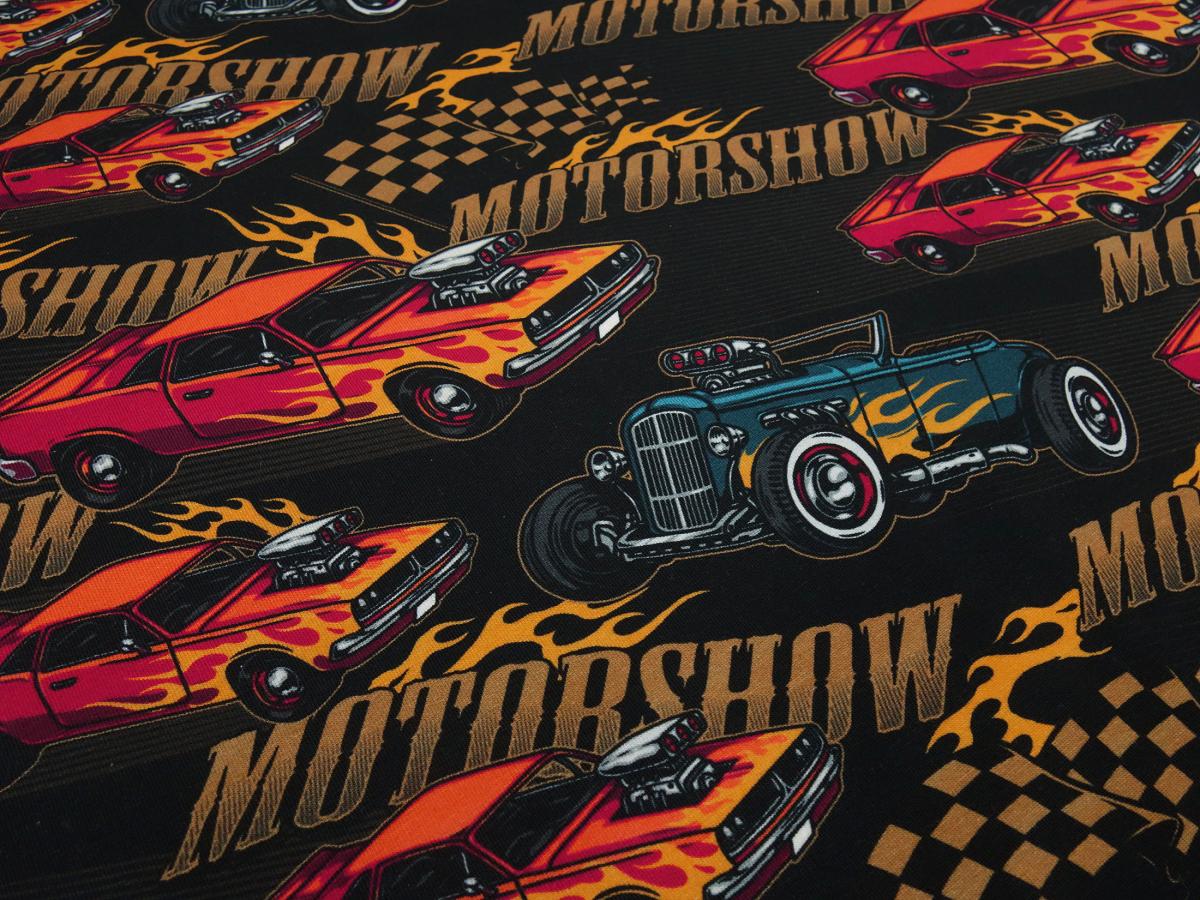Fabric cotton jersey with a motor show racing cars vintage design black orange red colorful children's fabric dress fabric