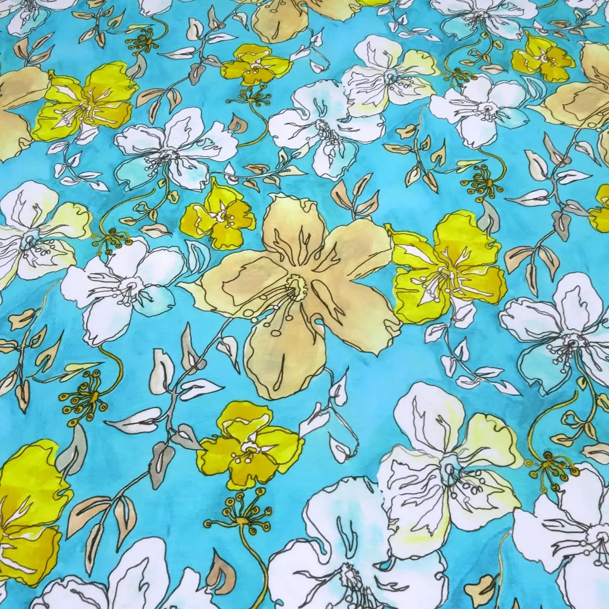 Stoff Baumwolle Jersey Flowers Blumenmuster türkis weiss gelb bunt Kleiderstoff Kinderstoff