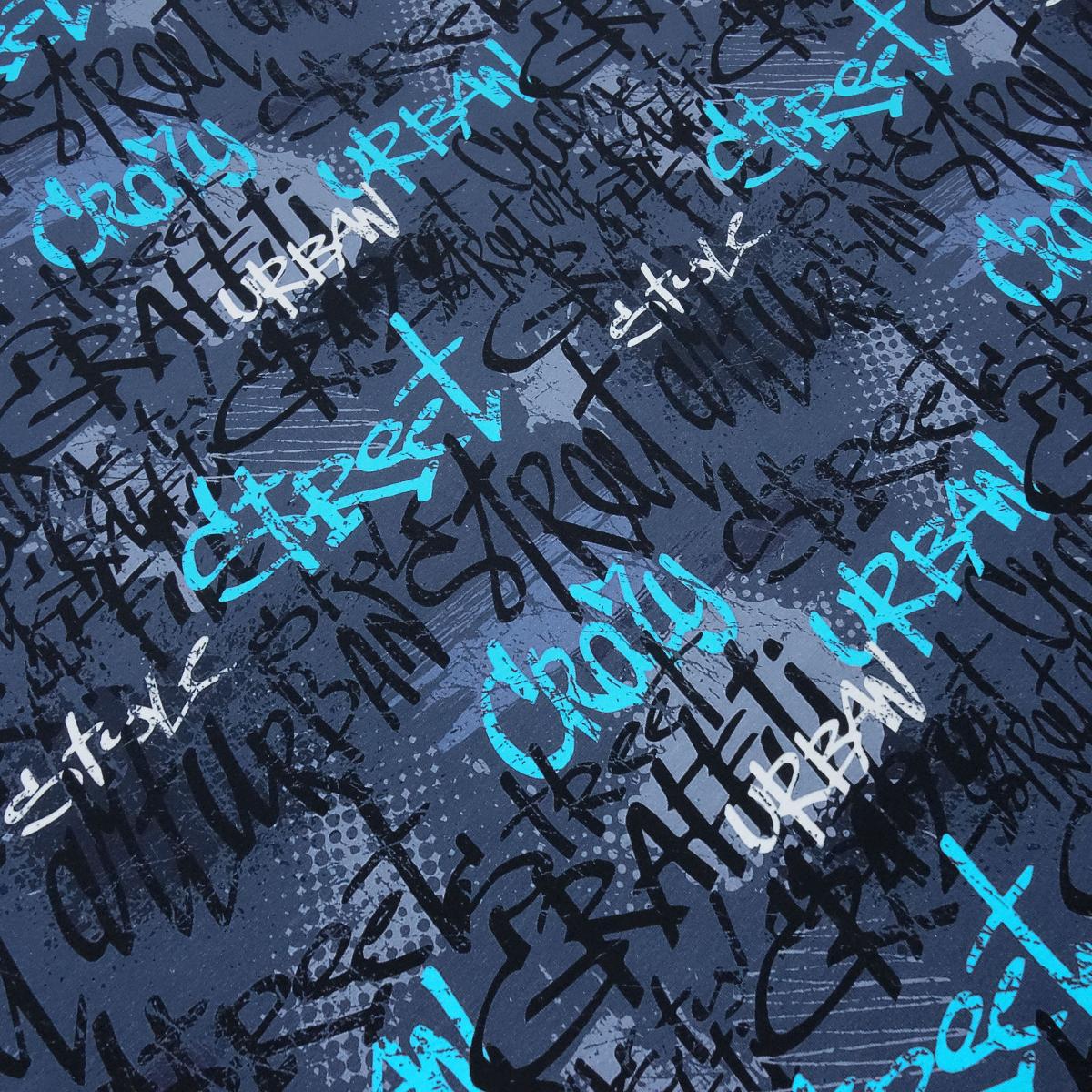 Fabric cotton jersey graffiti design blue turquoise white black dress fabric children's fabric