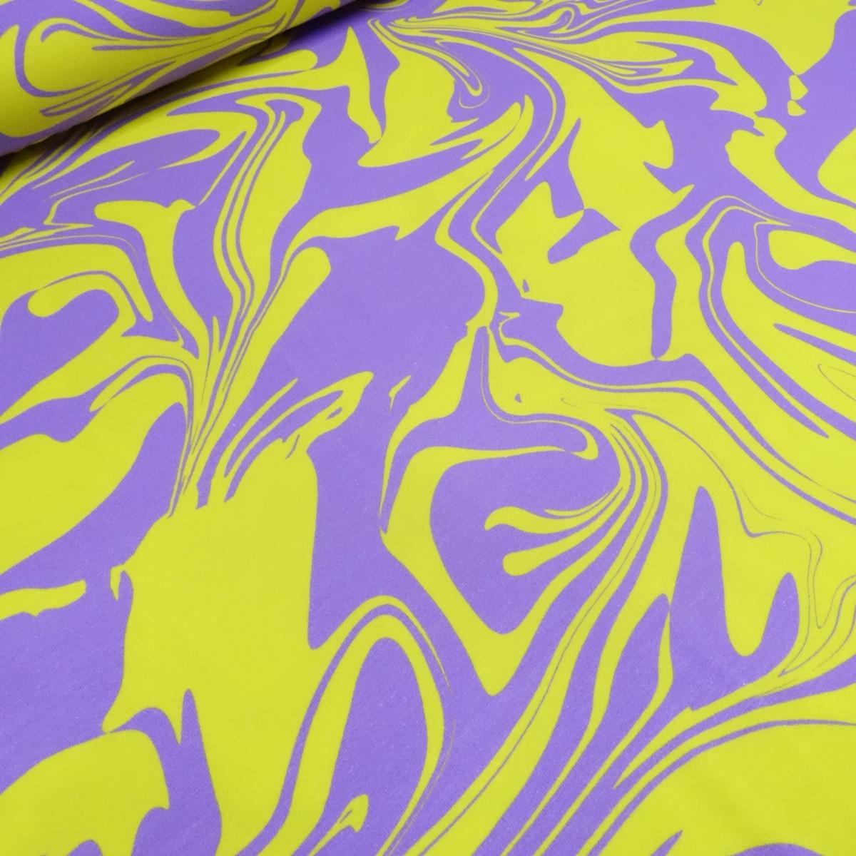 Stoff Baumwolle Jersey abstrakt Marmorierung Design flieder neongelb Kleiderstoff Kinderstoff