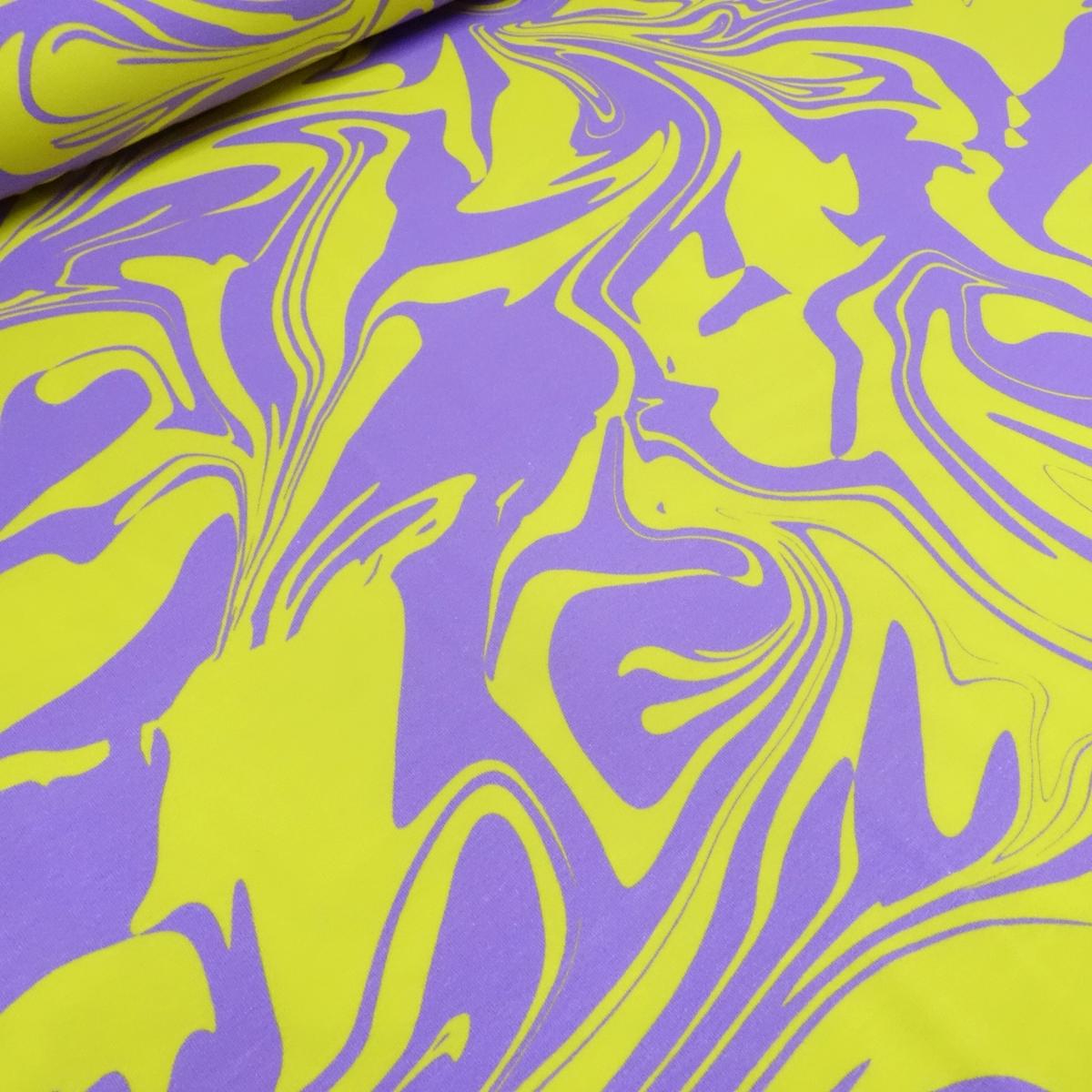 Fabric cotton jersey abstract marbling design lilac neon yellow dress fabric kids fabric