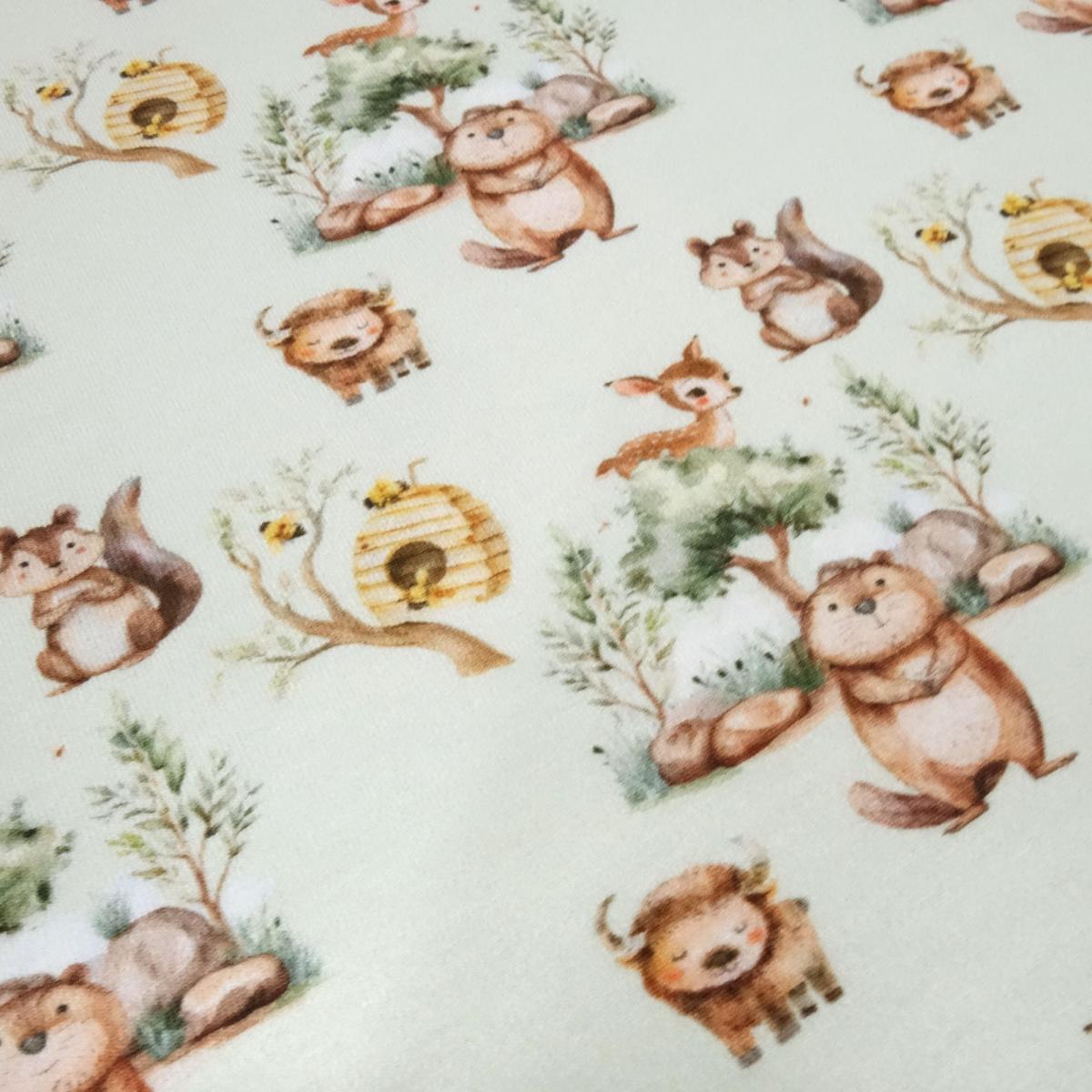 Cotton jersey fabric with forest animal design light green brown yellow colorful clothing fabric children's fabric