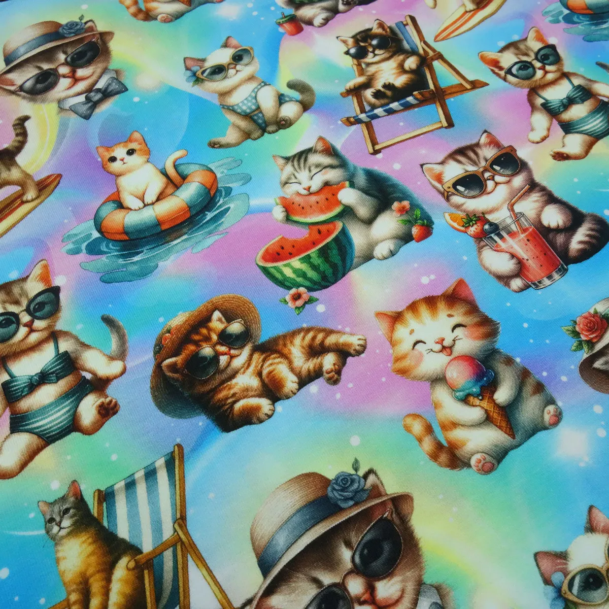 Stoff Baumwolle Jersey mit Katzen / Kätzchen Design multicolor bunt Kleiderstoff Kinderstoff