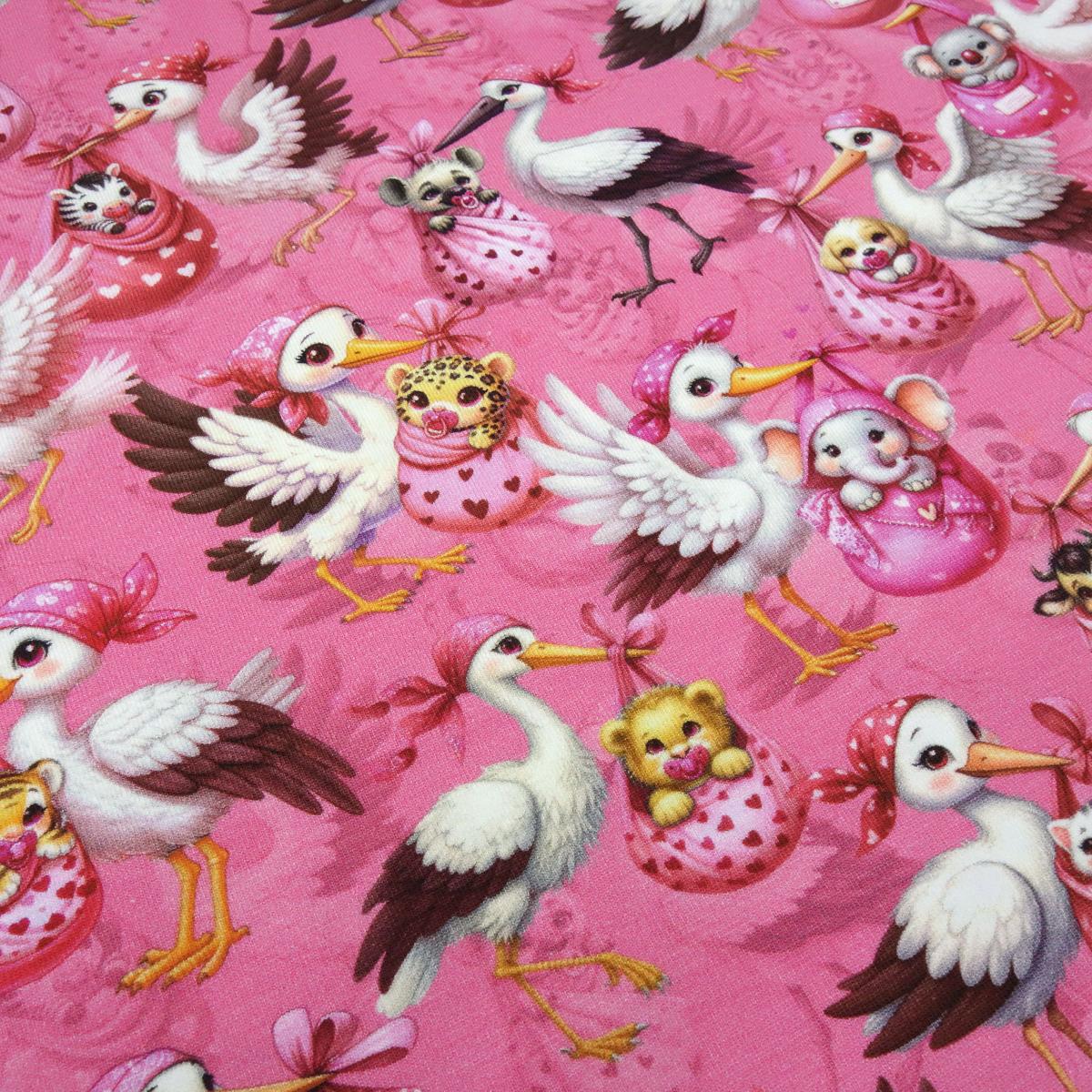 Fabric cotton jersey storks with animal babies panda cat zebra bear elephant etc. Design pink pink colorful dress fabric children's fabric