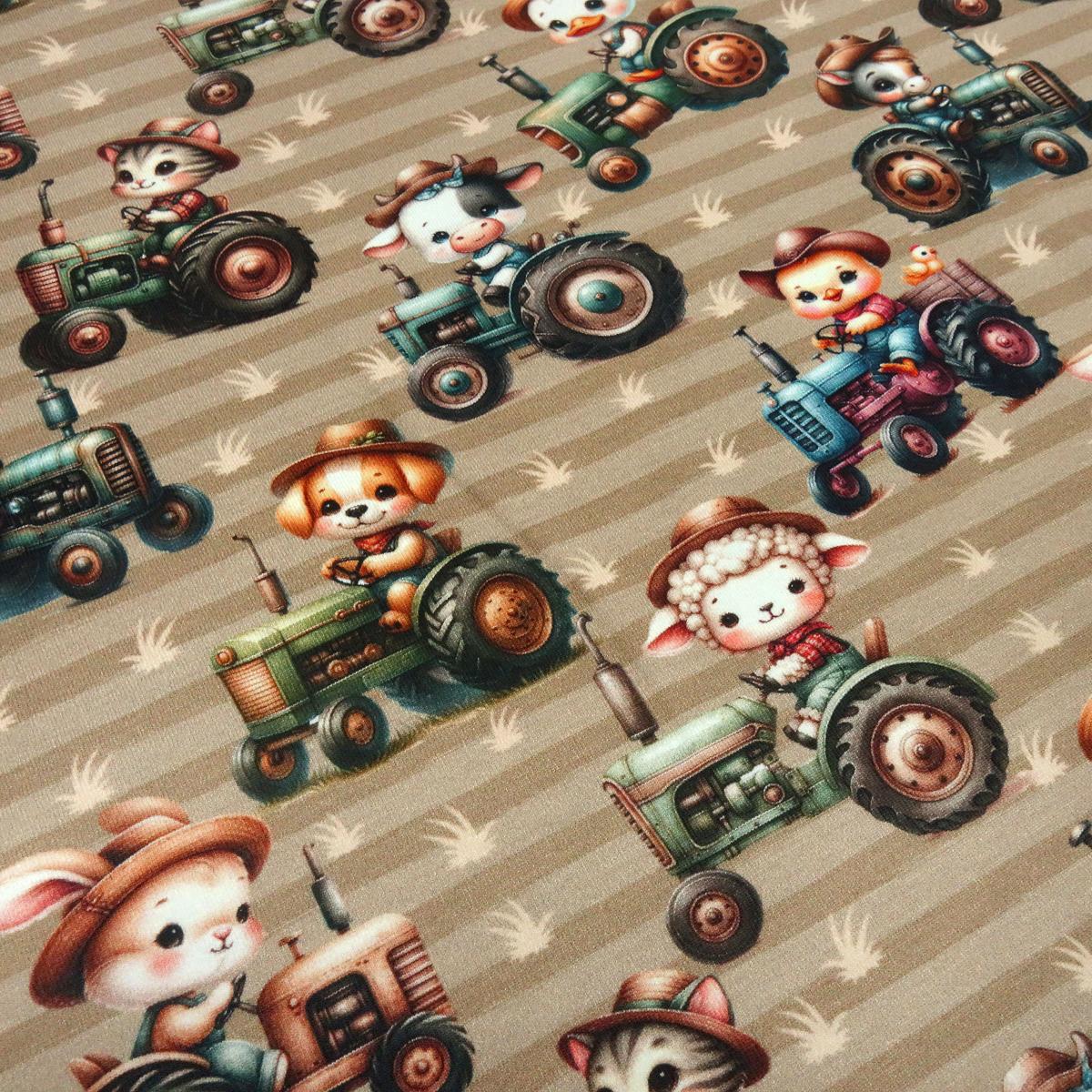 Fabric cotton jersey striped tractor with animals dog cat sheep duck chick etc. Design brown beige colorful dress fabric children's fabric