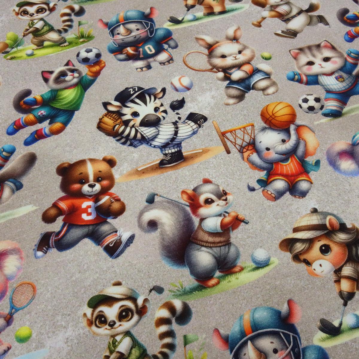 Fabric cotton jersey animals rabbit cat zebra bear elephant design beige multicolor colorful dress fabric children's fabric