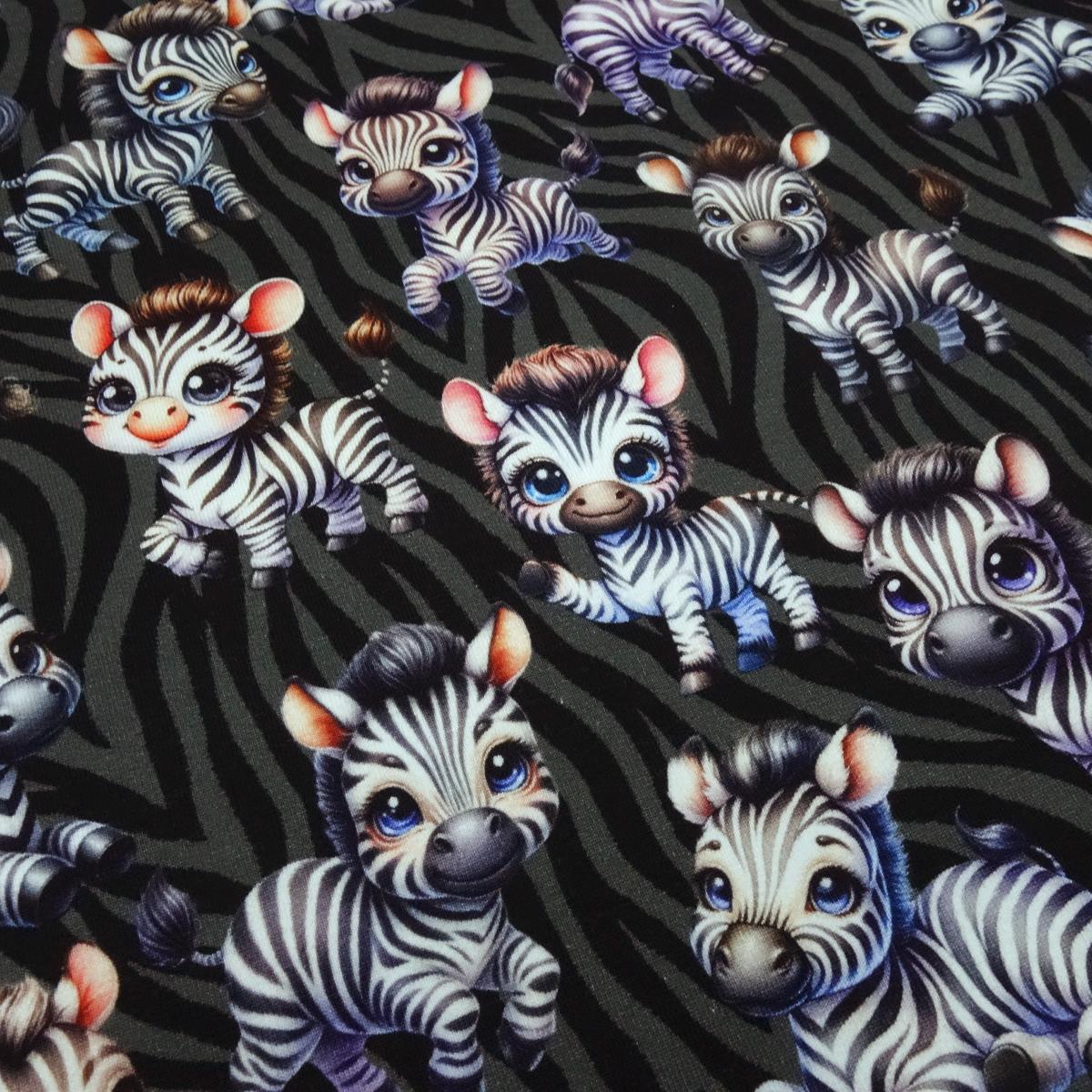Stoff Baumwolle French Terry Sweatshirtstoff Cute Zebras süße Zebras Design schwarz grau weiß Regenbogen bunt Kleiderstoff Kinderstoff