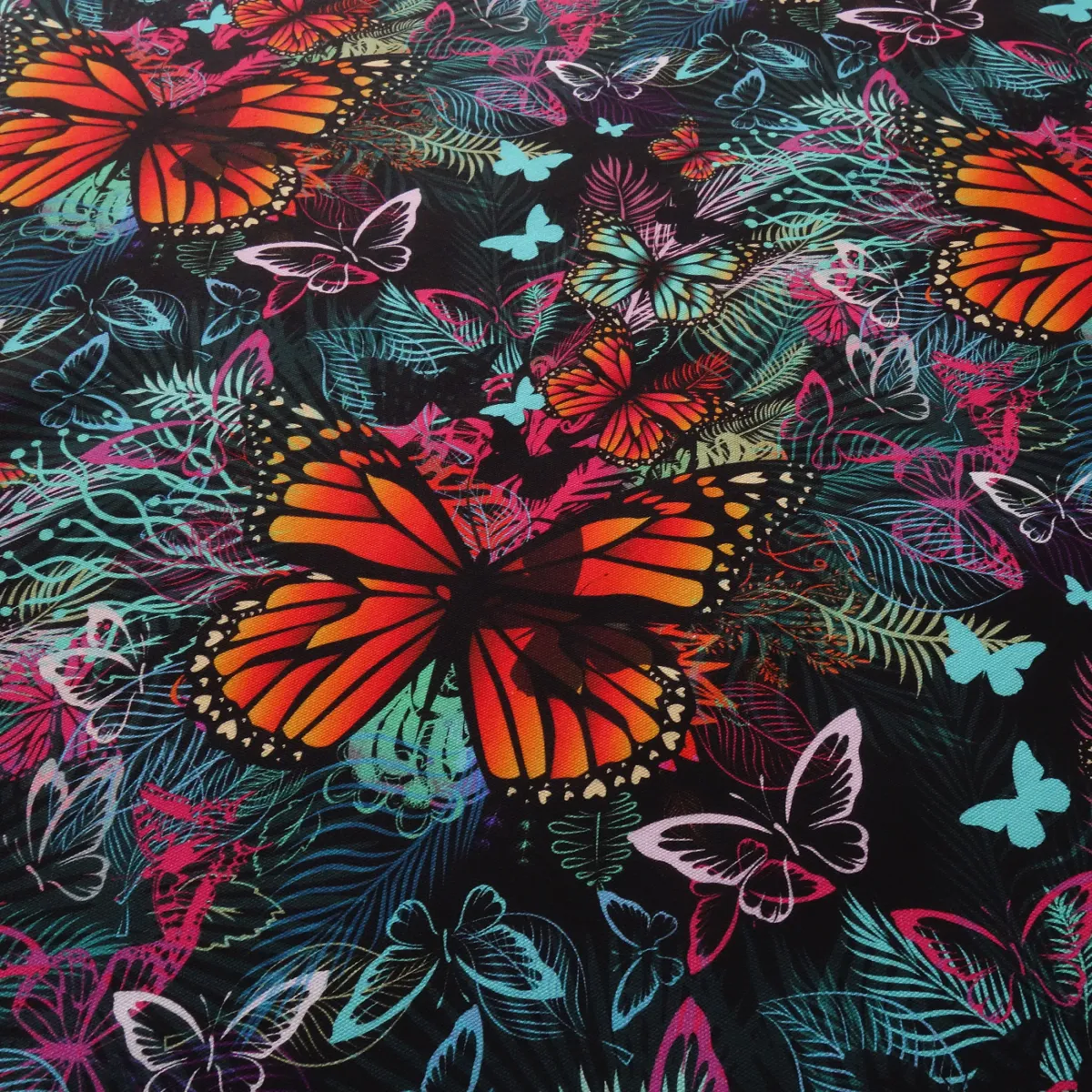 Premium 100% Cotton Canvas Fabric with Colorful Butterfly Design on a Black Background—Decorative and Clothing Fabric