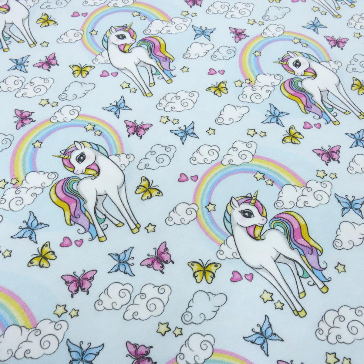 Stoff Baumwolle Jersey "dreaming unicorn" Einhorn Regenbogen Herzen hellblau bunt Kinderstoff Kleiderstoff