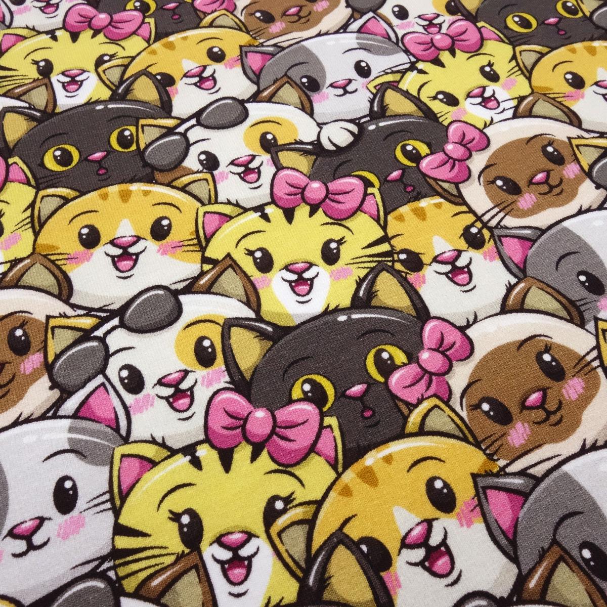 Stoff Baumwolle French Terry Sweatshirtstoff Partyanimals Katzen Kätzchen Design curry gelb grau pink bunt Kleiderstoff Kinderstoff