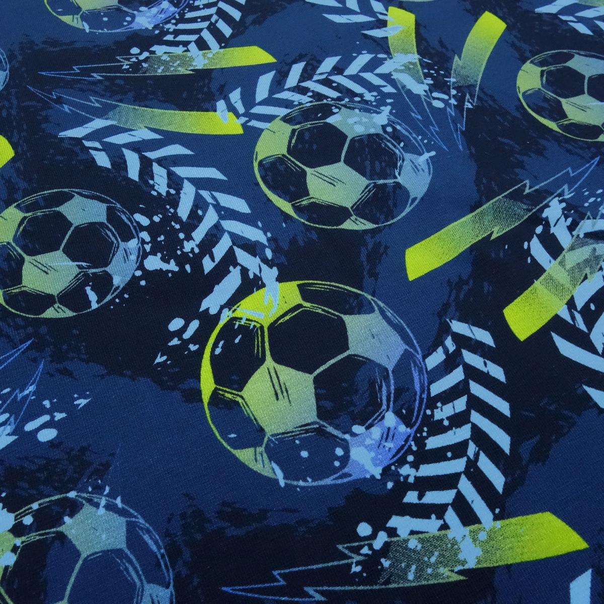 Stoff Baumwolle Jersey Team Fußball Football Soccer Design blau marine gelbgrün bunt Kinderstoff Kleiderstoff