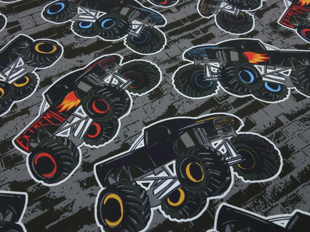 Stoff Softshell Monstertrucks grau schwarz blau rot weiß bunt wasserabweisend Jackenstoff Mantelstoff Outdoorstoff