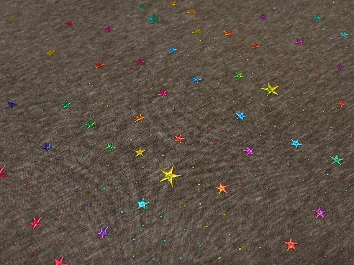 Fabric alpine fleece sweatshirt fabric with glitter stars stars design brown taupé multicolor colorful dress fabric children's fabric hoodie fabric