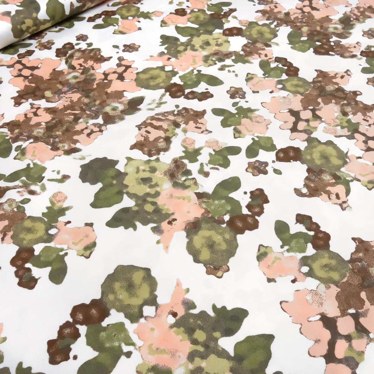 Stoff Baumwolle Stretch abstrakt Blumenmuster Camuflage Design weiß rosa grün braun Kleiderstoff Hosenstoff Kostümstoff