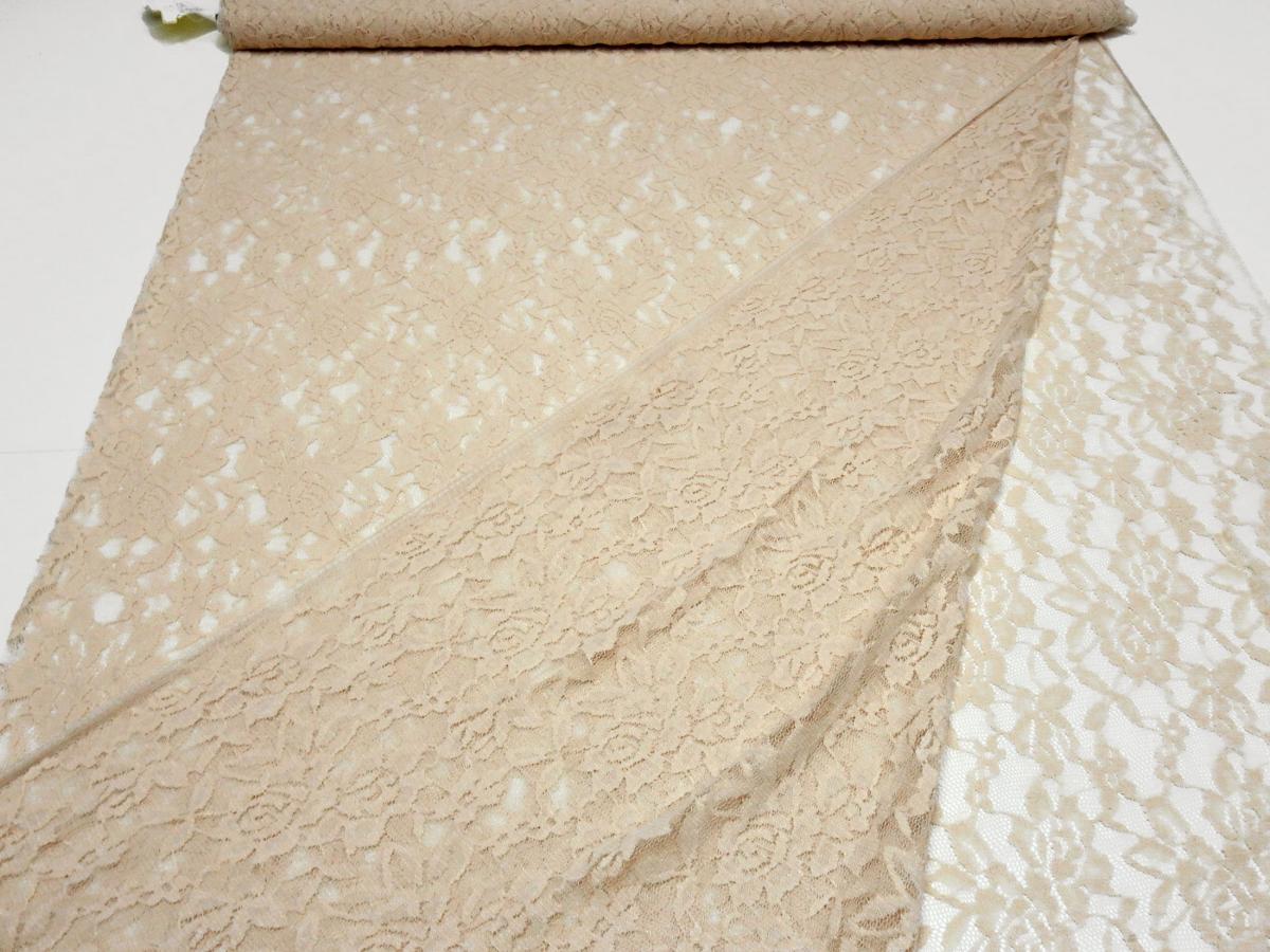 Stoff Stretch Spitze Spitzenstoff Blumen Rosen Ranken Design beige sand Kleiderstoff