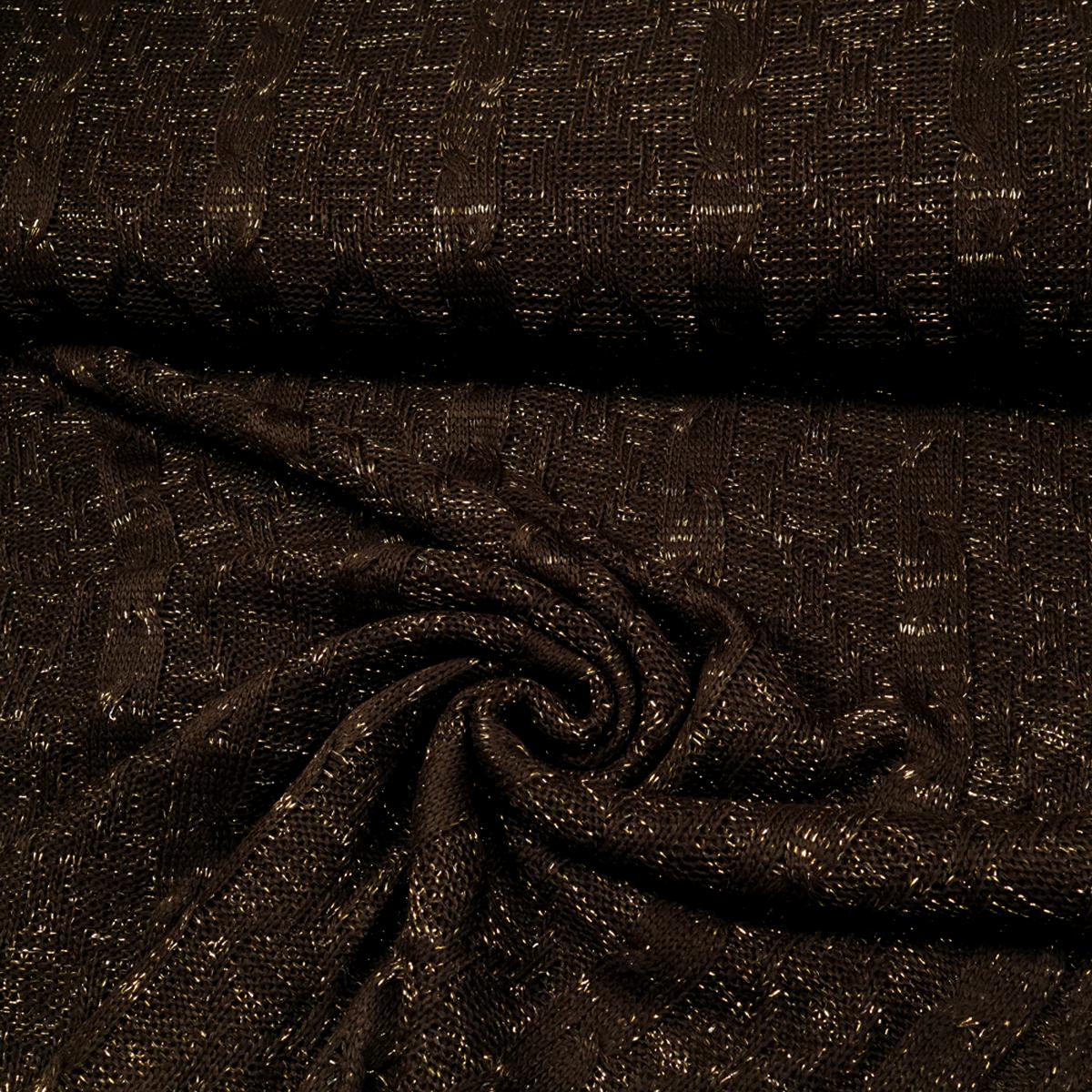 Fabric chunky knit fabric with cable pattern and lurex thread brown gold shiny dress fabric sweater fabric