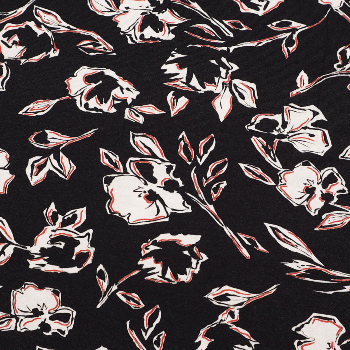 Stoff Viskose Jersey Blumenmuster Rosen Design schwarz rot weiß Kleiderstoff Kinderstoff