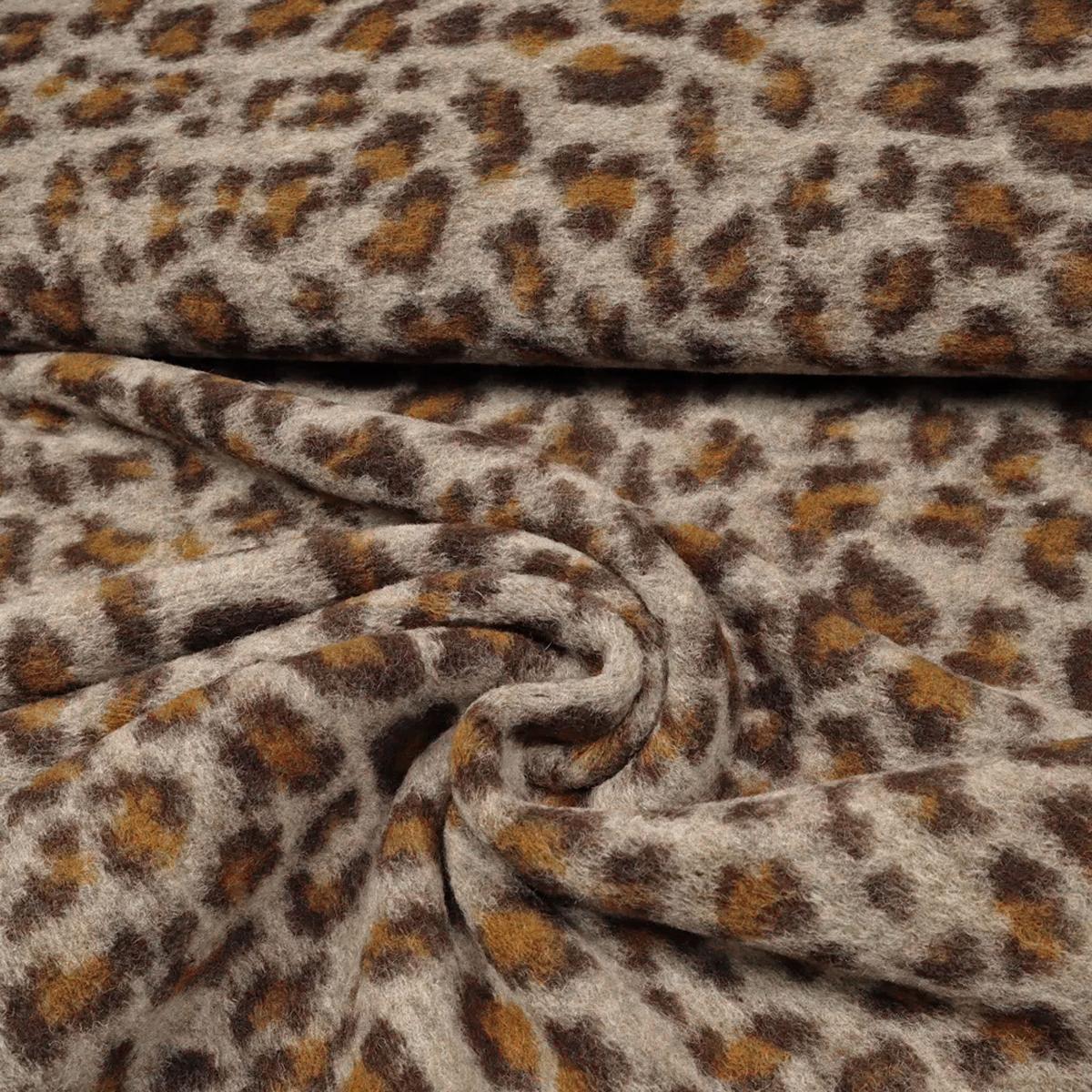 Stoff Musterwalk Walkloden Kochwolle mit Leo Panther Animal-Print Design beige braun lehm Mantelstoff Kleiderstoff