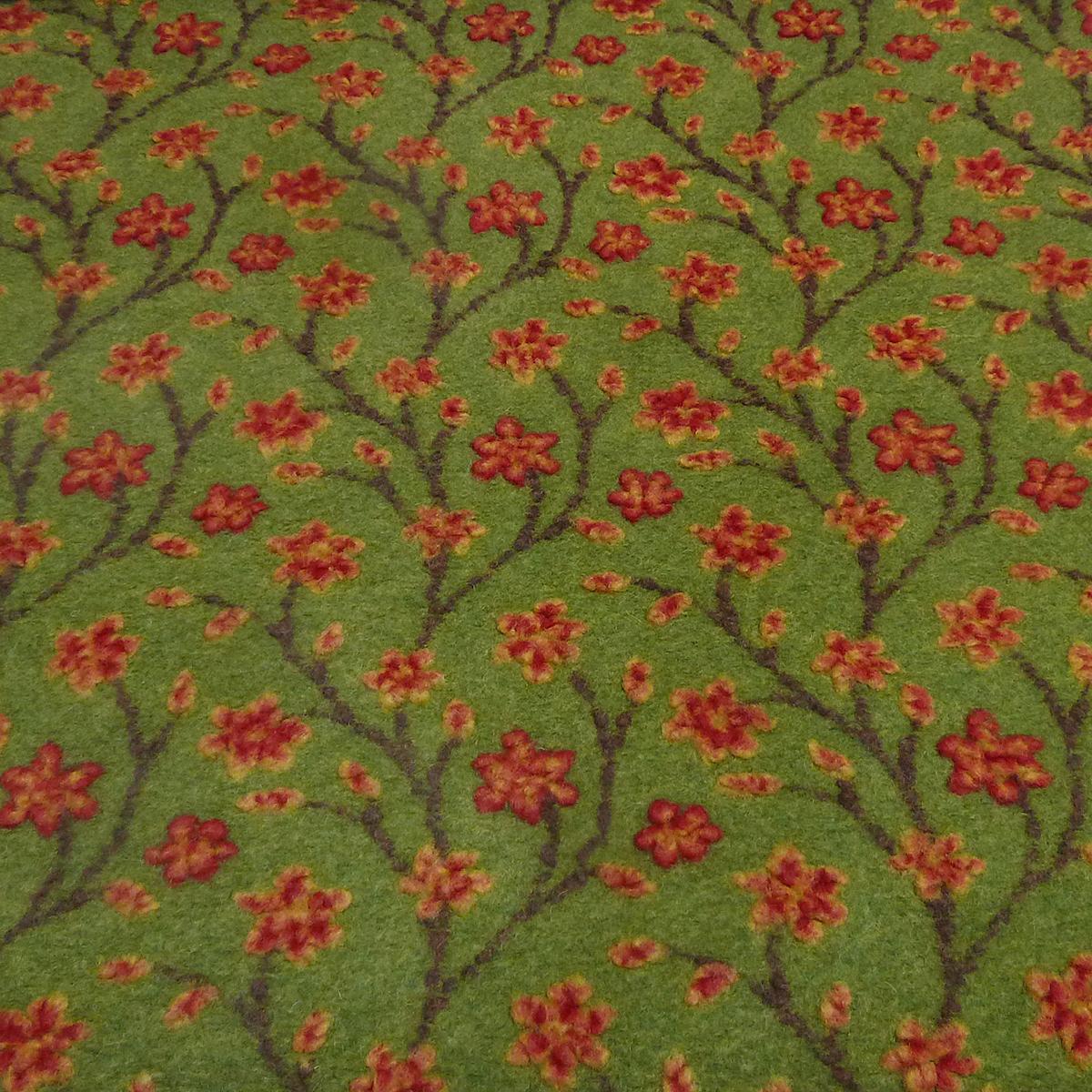 Stoff Ital. Musterwalk Walkloden Kochwolle Relief Blumen Ranken grün gelb rot braun Mantelstoff Kleiderstoff