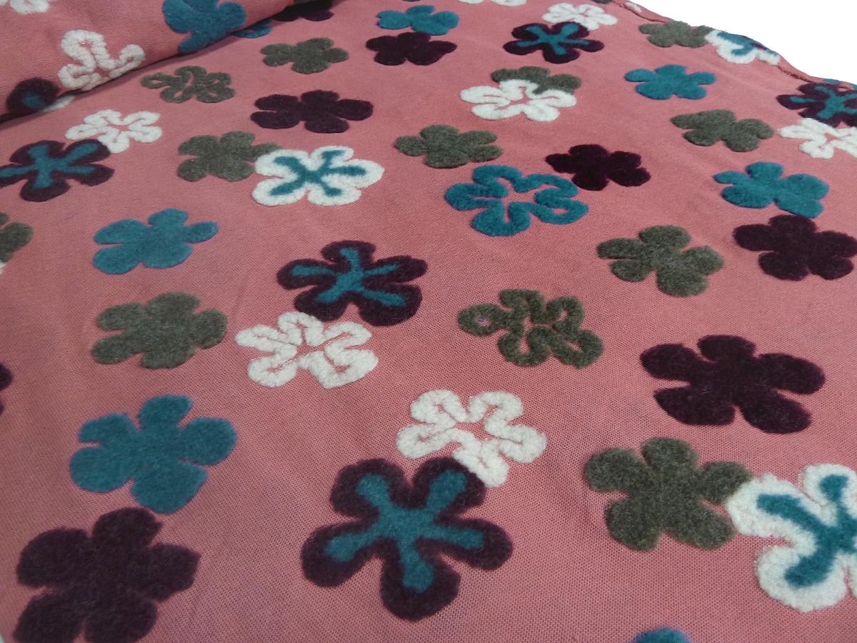 Fabric Ital. cotton jersey with wool tops intarsia flowers old pink petrol khaki bordeaux dress fabric