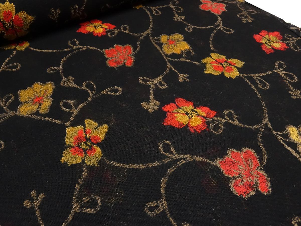 Stoff Ital. feiner leichter Baumwolle Jersey mit Intarsien Blumenmuster Ranken Design schwarz rot gelb-gold braun Kleiderstoff